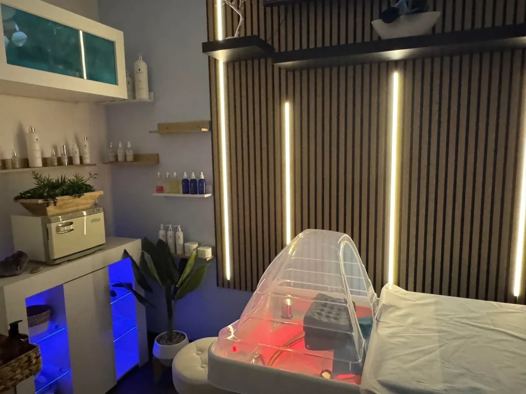 Light therapy and head spa treatment room at Dettycated Head Spa Northridge featuring ambient lighting and modern relaxation setup