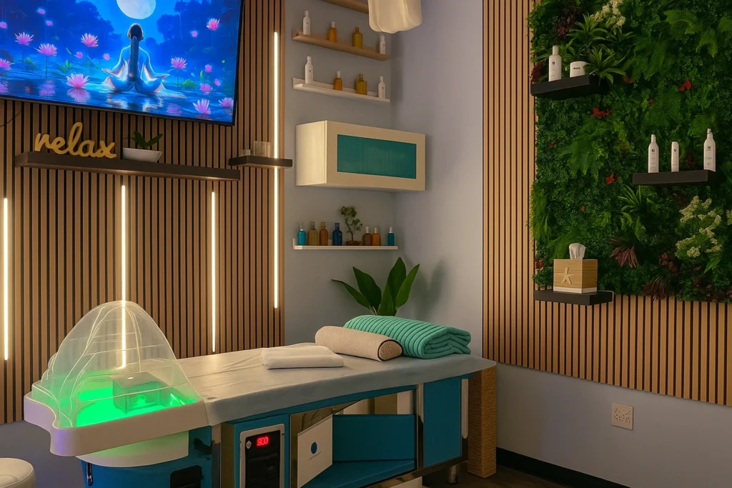 Relaxing treatment room at Dettycated Head Spa Northridge with natural greenery and soothing light design room