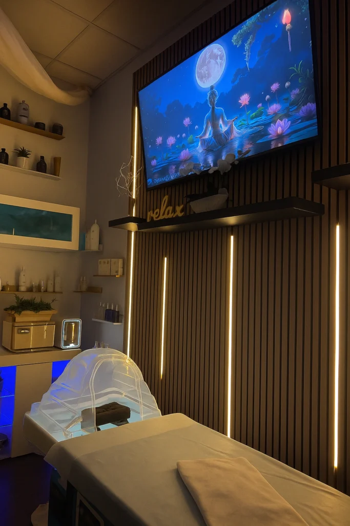 Light therapy and head spa treatment room at Dettycated Head Spa Northridge featuring ambient lighting and modern relaxation setup